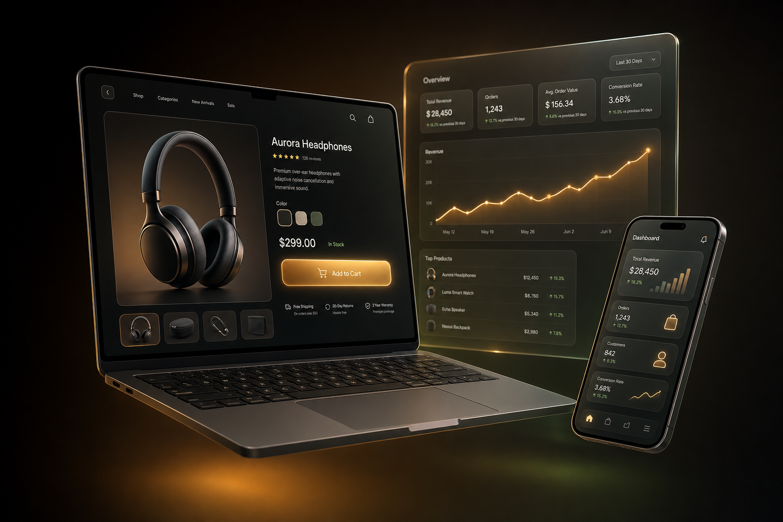 Stack de productos digitales: laptop con e-commerce, mobile con app y dashboard de KPIs