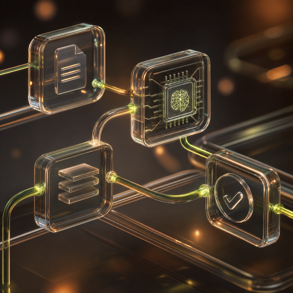 Pilar Optimización: nodos de workflow conectados con tubos de cristal