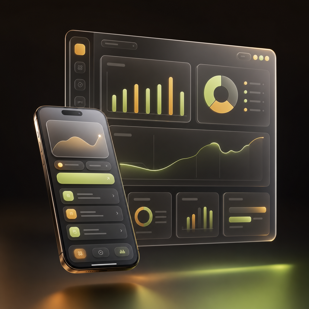 Pilar Productos digitales: mobile y dashboard SaaS en glass